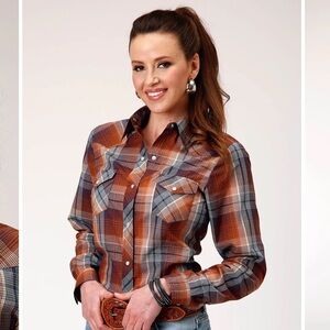 Roper Women's Long Sleeve Snap Brown Navy Cream Plaid Western Shirt Size S